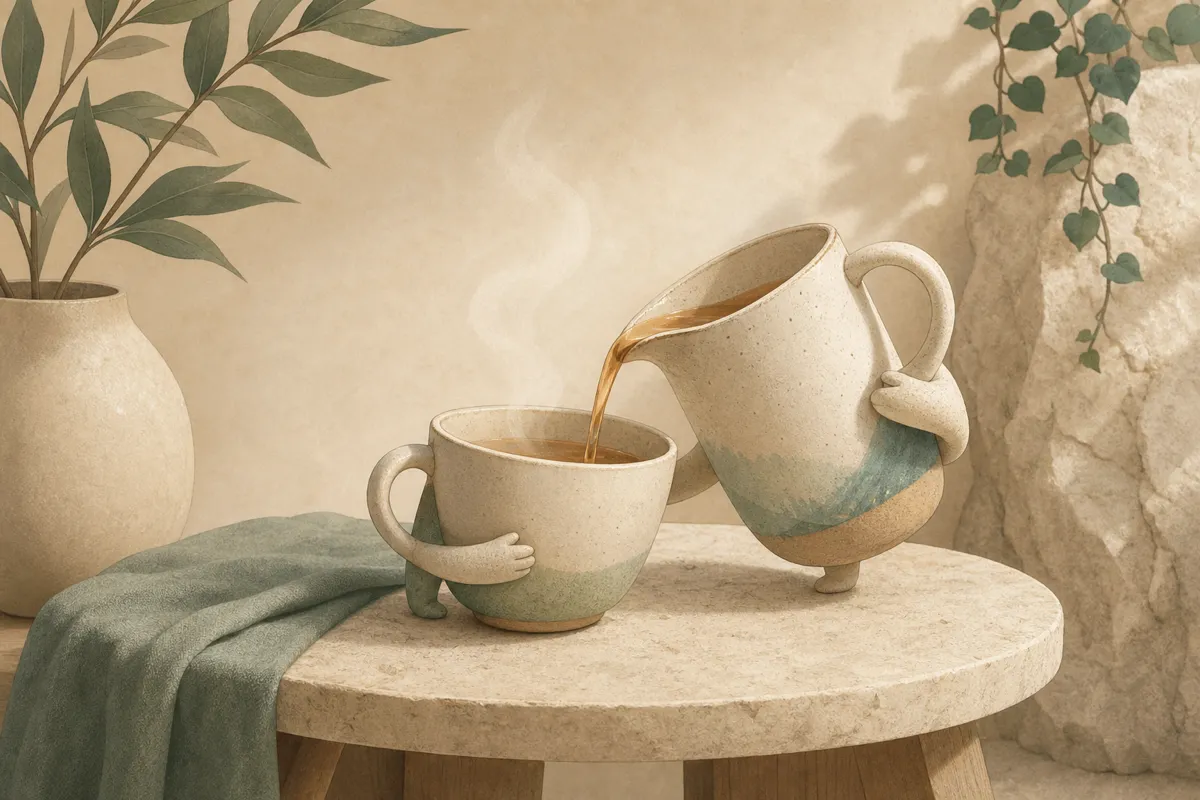 One cup pouring warm tea into another