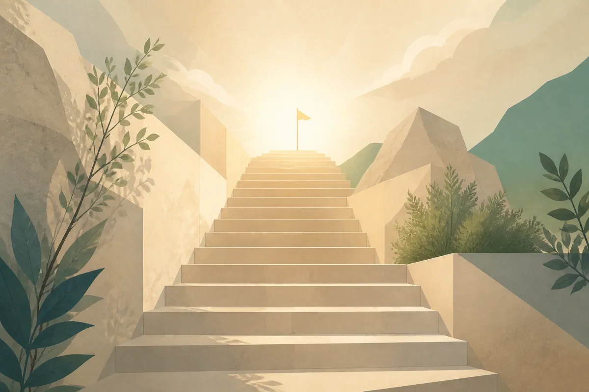 Sunlit staircase ascending to a bright summit