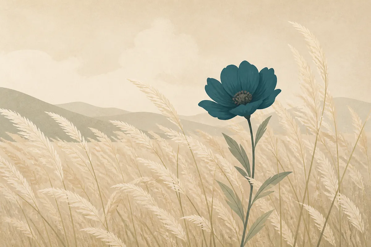 A single teal flower blooming among pale grasses