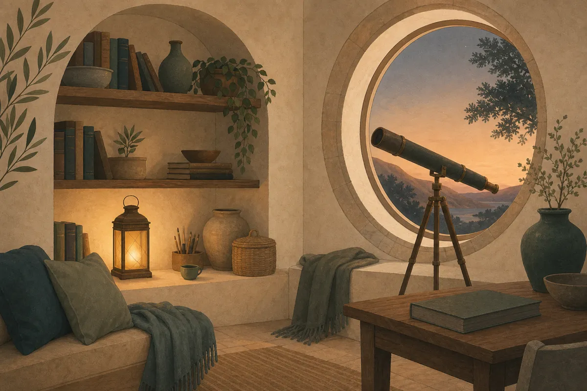 A warm lantern glowing in a quiet study