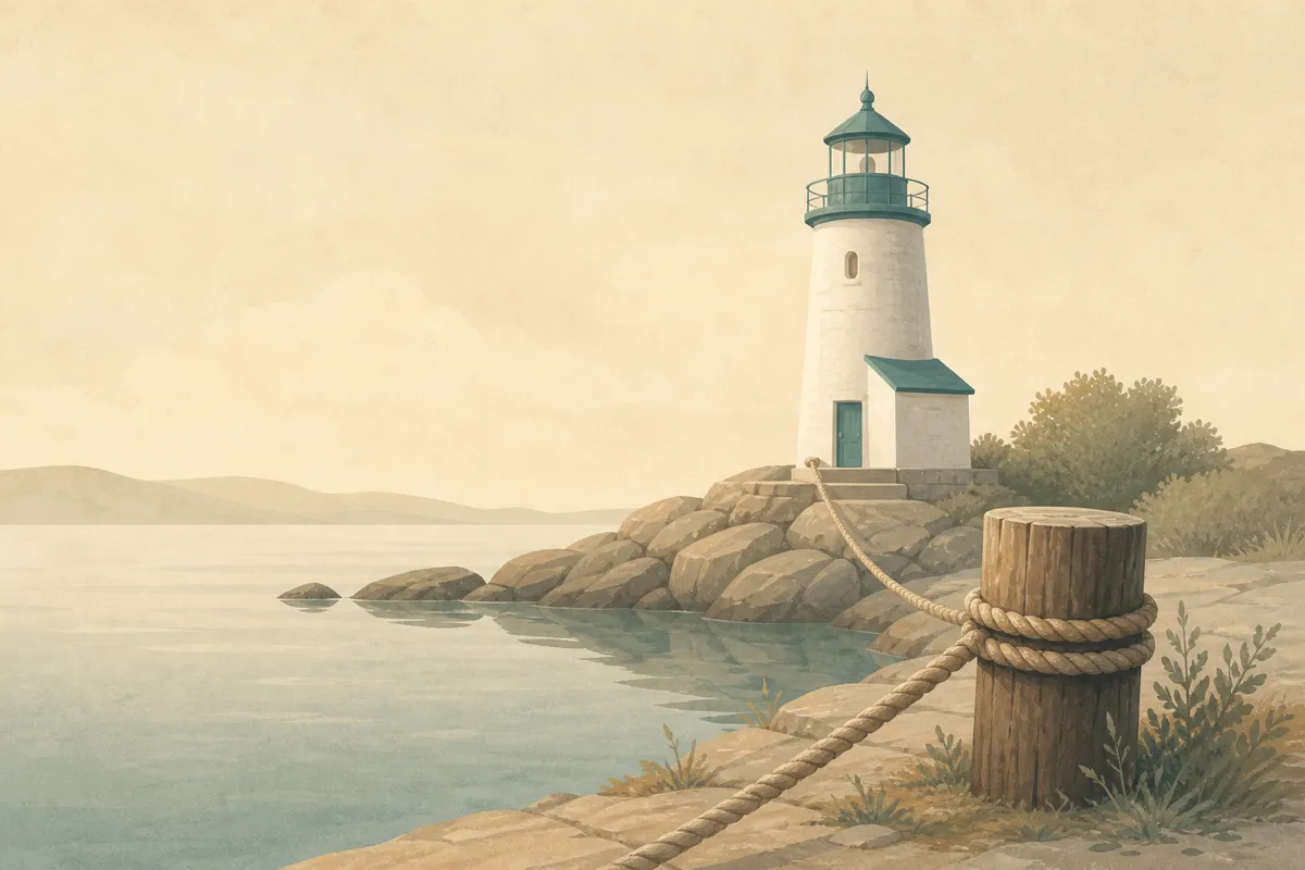 A lighthouse and anchored rope on a calm shore