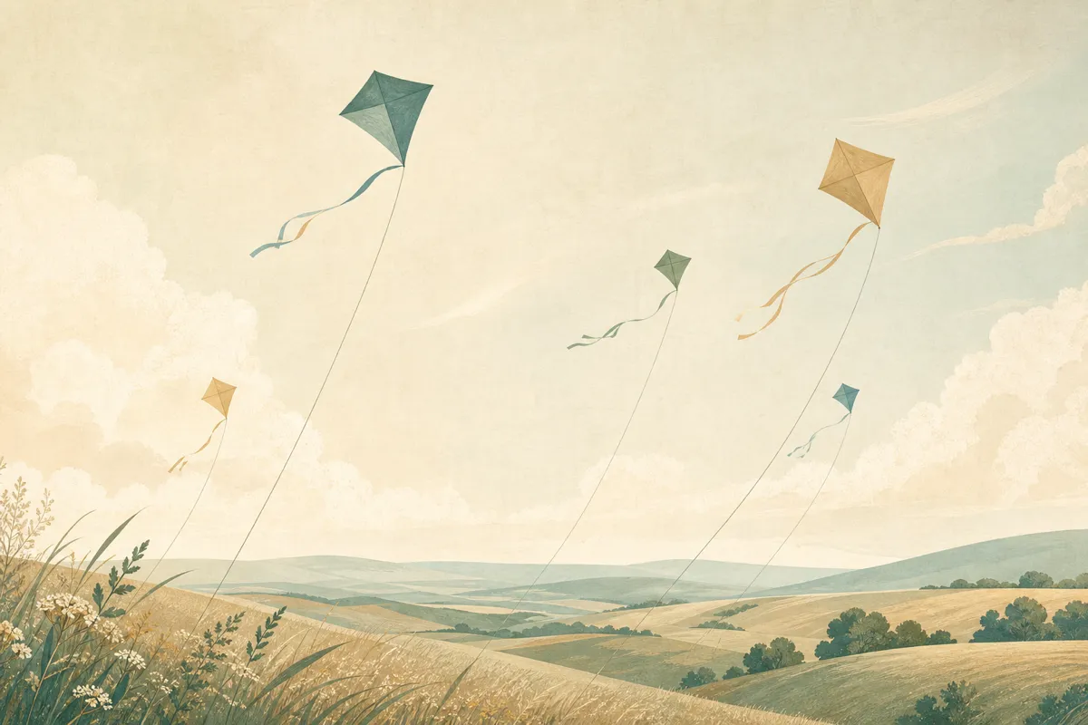 Paper kites rising into a bright open sky
