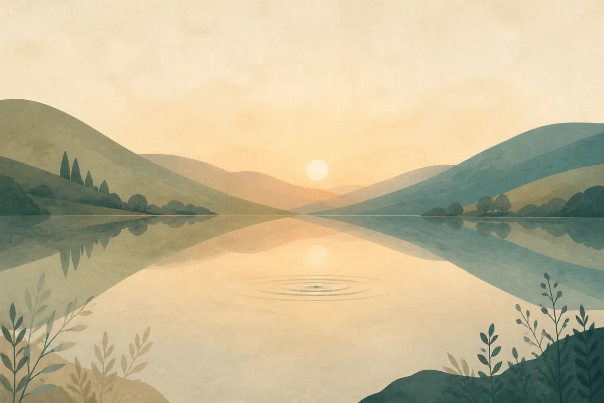 A still lake at dawn mirroring soft hills